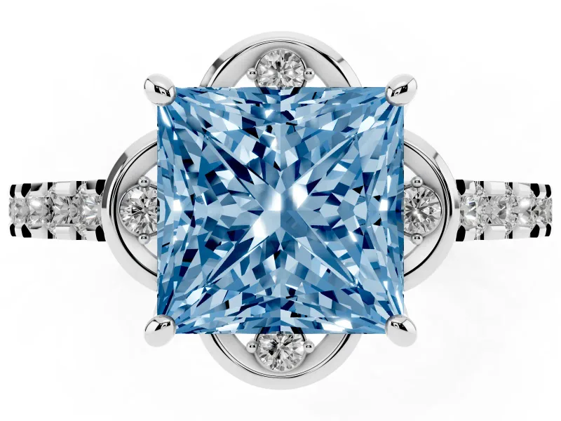 Princess Cut Floral Petal Engagement Ring Setting for a Fancy Blue Lab-Grown Diamond | Petal Accents | Sterling Silver