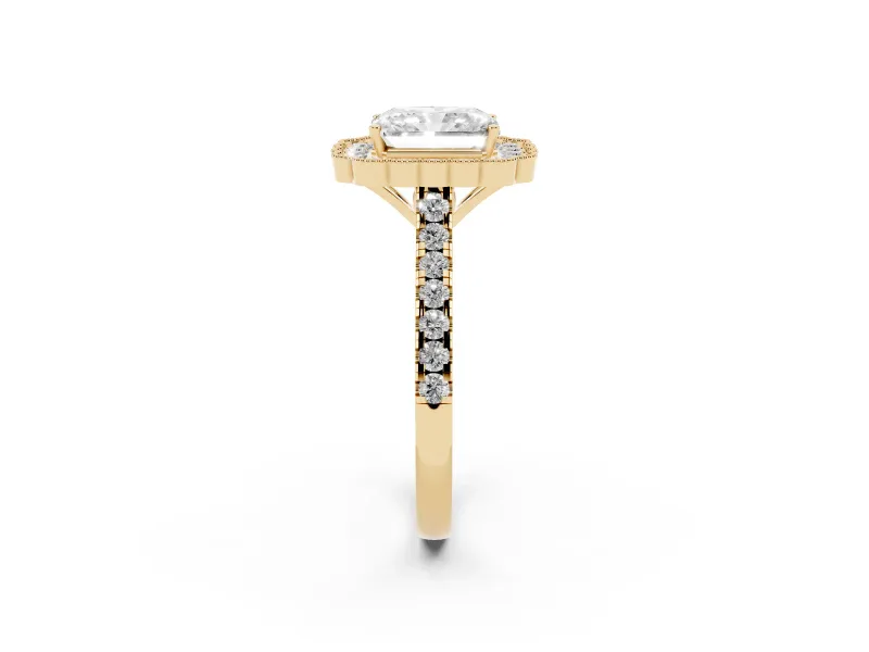 Radiant Cut Vintage Milgrain Floral Halo Engagement Ring Setting | Pavé Band | Yellow Gold