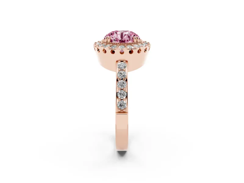 Round Vintage Milgrain Halo Engagement Ring Setting for a Fancy Pink Lab-Grown Diamond | Pierced Gallery | Rose Gold