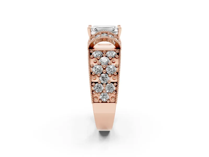 Emerald Cut Vintage Milgrain Pave Engagement Ring Setting | Crescent Side Rows | Rose Gold