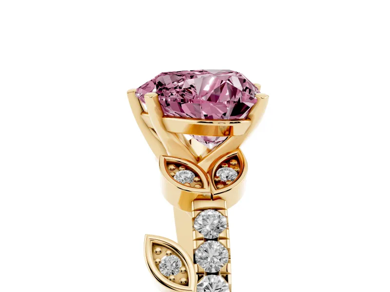 Fancy Pink Heart Cut Diamond Solitaire Leaf-Inspired Ring Set in Yellow gold with Pavé Band and Prong Setting