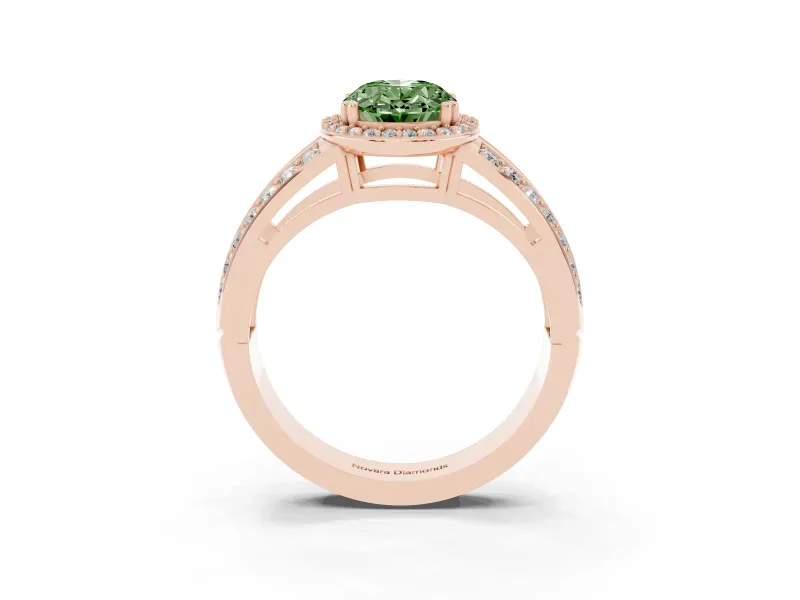 Fancy Green Oval Cut Diamond Halo Ring Set in Rose gold with Double Pavé Split Shank