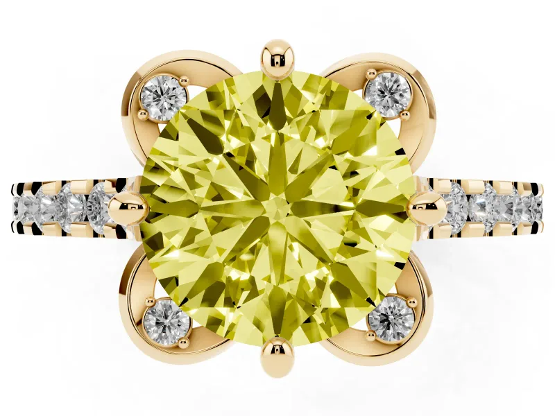 Round Floral Engagement Ring Setting for a Fancy Yellow Lab-Grown Diamond | Pavé Band | Yellow Gold