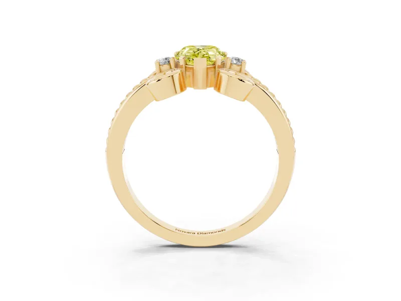 Fancy Yellow Pear Cut Diamond Twisted Band Solitaire Ring Set in Yellow gold with Scroll Prongs