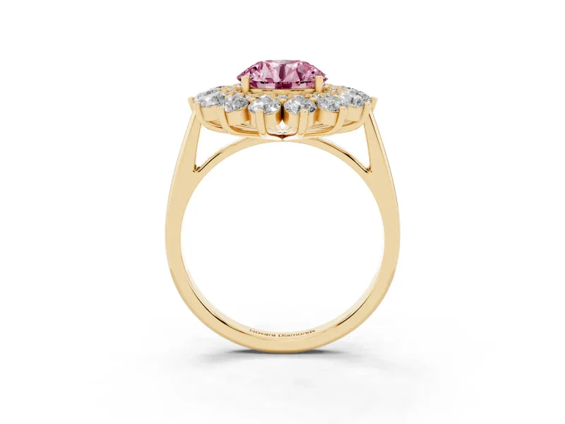 Round Floral Double Halo Engagement Ring Setting for a Fancy Pink Lab-Grown Diamond | Plain Band | Yellow Gold
