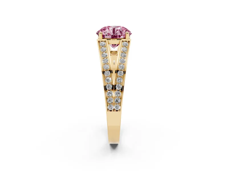 Fancy Pink Round Cut Diamond Split Shank Ring Set in Yellow gold with Pavé Band and Prong Setting