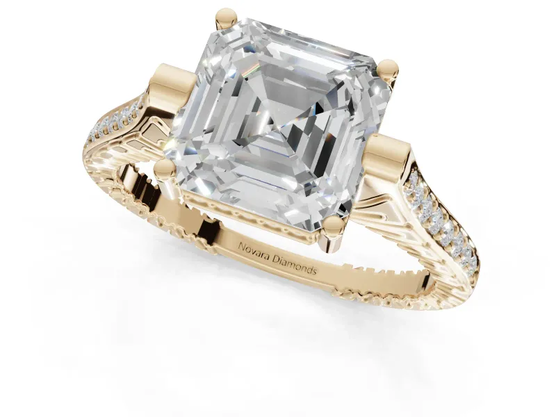 Asscher Cut Vintage Cathedral Engagement Ring Setting | Carved Band | Yellow Gold