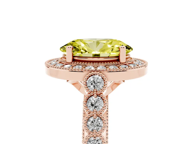 Fancy Yellow Oval Cut Diamond Milgrain Halo Solitaire Ring Set in Rose gold with Bezel Set Side Stones and Pavé Band
