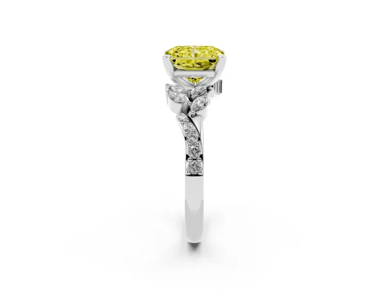Fancy Yellow Radiant Cut Diamond Solitaire Ring Set in Platinum with Marquise Twist Band and Prong Setting