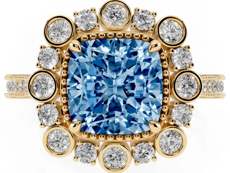 Cushion Cut Scalloped Halo Engagement Ring Setting for a Fancy Blue Lab-Grown Diamond | Milgrain Edges | Yellow Gold