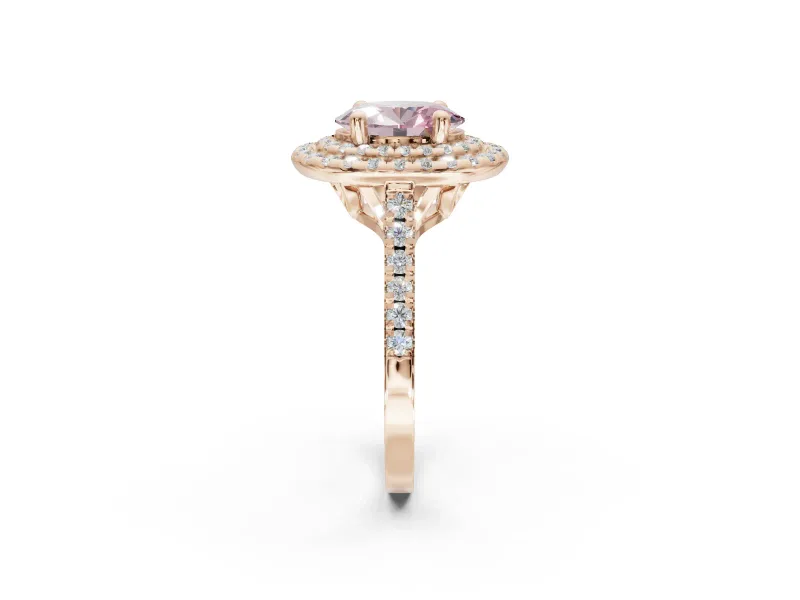 Fancy Pink Oval Lab-Grown Diamond Double Halo Statement Ring Set in Rose Gold with Pavé Band