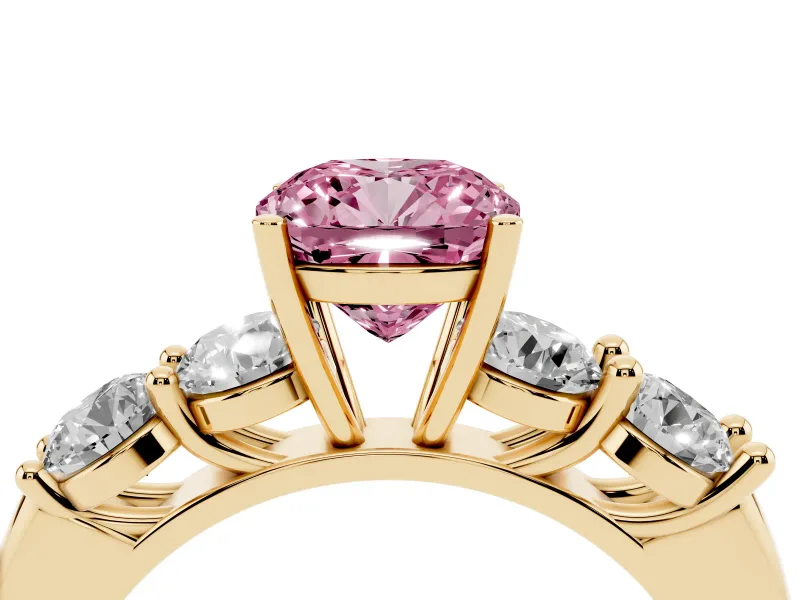 Cushion Cut Five Stone Engagement Ring Setting for a Fancy Pink Lab-Grown Diamond | Prong Set Side Stones | Yellow Gold