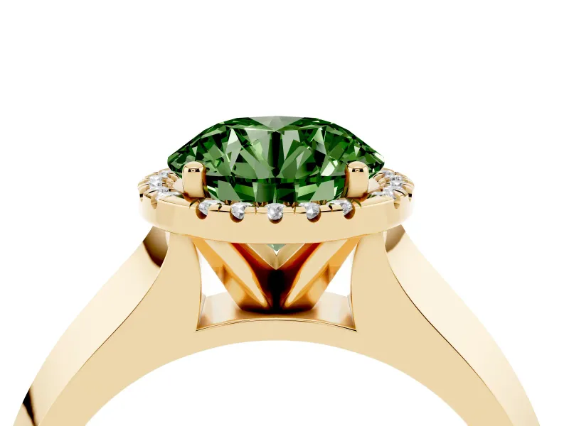 Fancy Green Round Cut Diamond Halo Ring Set in Yellow gold with Cathedral Band and Prong Setting