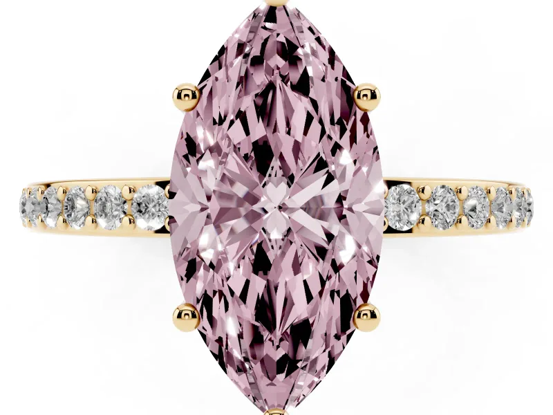 Fancy Pink Marquise Cut Diamond Pavé Band Ring Set in Yellow gold with Prong-Set Center Stone