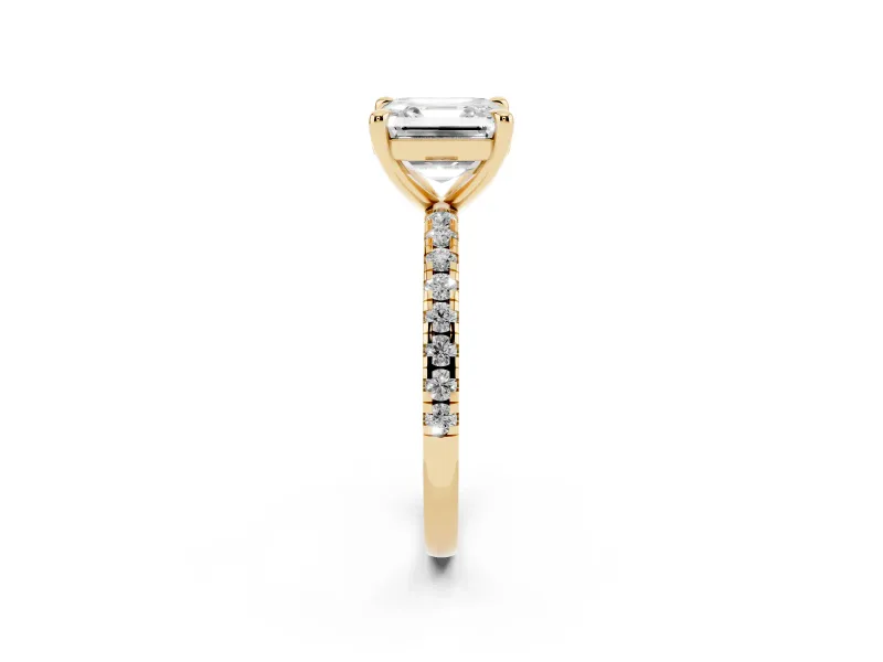 Asscher Cut Diamond Brilliant Solitaire Ring Set in Yellow gold with Pavé Band and Prong Setting