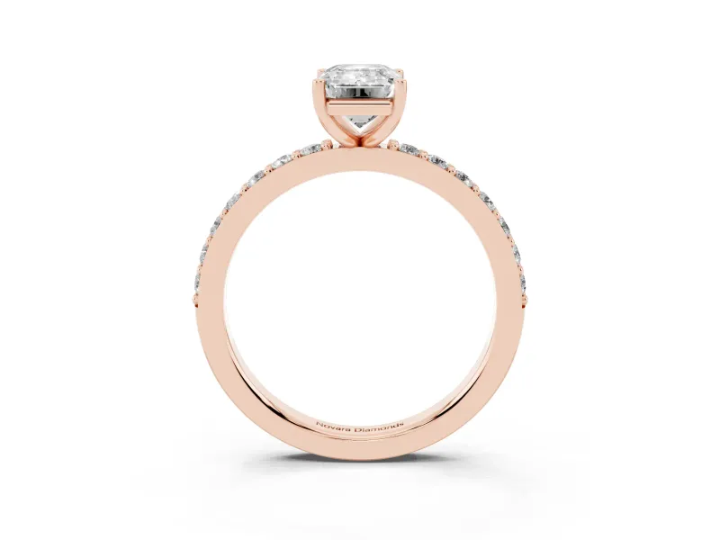 Emerald Cut Diamond Solitaire Set in Rose gold with Round Pavé Band and Prong Setting