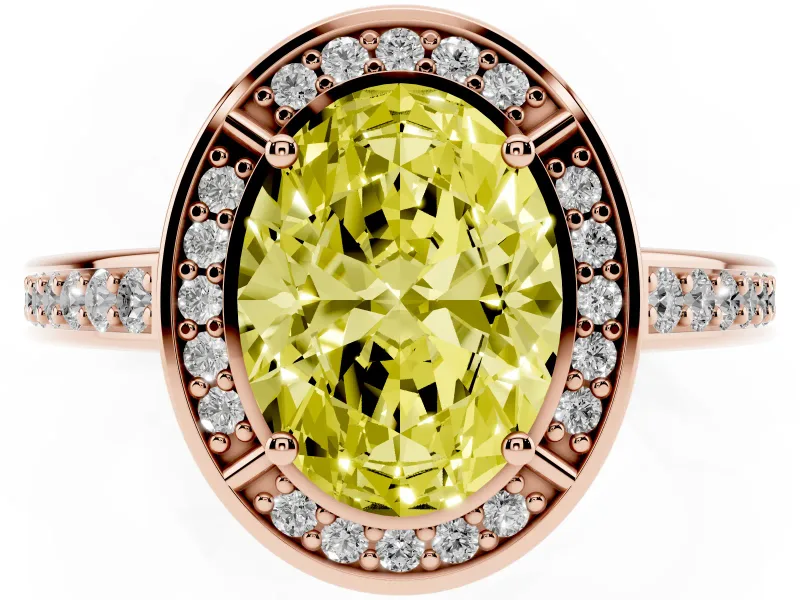 Fancy Yellow Oval Cut Diamond Halo Pavé Split Shank Ring Set in Rose gold with Prong Setting