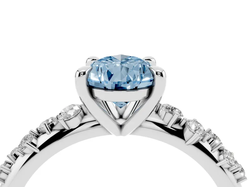 Fancy Blue Pear Cut Diamond Solitaire Vine Band Ring Set in Silver with Round Accents and Prong Setting