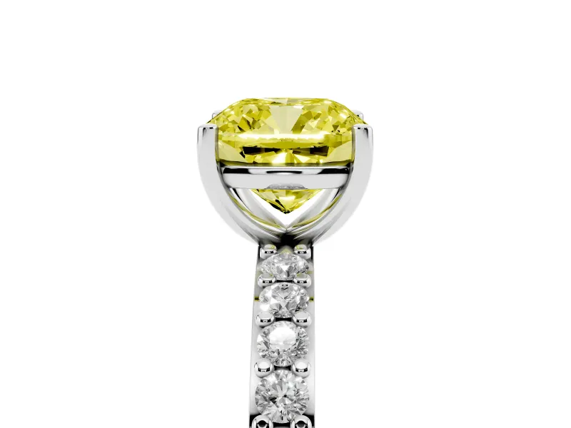 Fancy Yellow Cushion Cut Diamond Solitaire Set in White gold with Round Pavé Band and Prong Setting