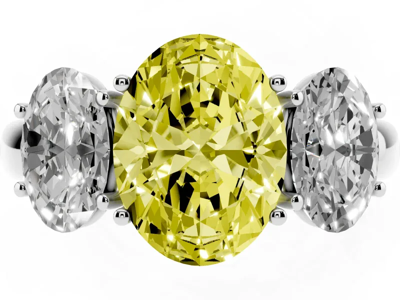 Fancy Yellow Oval Cut Diamond Three-Stone Ring Set in Silver with Bold Center and Classic Band