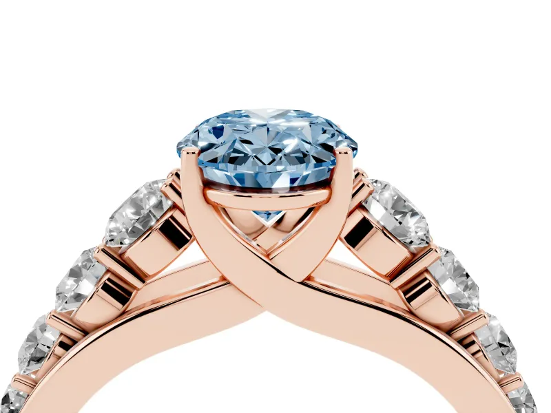 Oval Graduated Side Stone Engagement Ring Setting for a Fancy Blue Lab-Grown Diamond | Flat Top Band | Rose Gold
