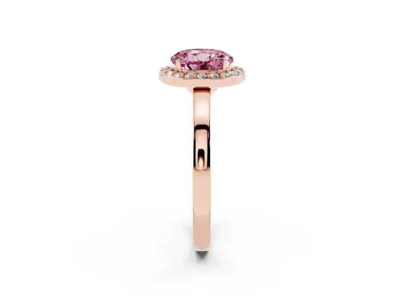 Fancy Pink Round Cut Diamond Halo Ring Set in Rose gold with Solitaire Band and Prong Setting