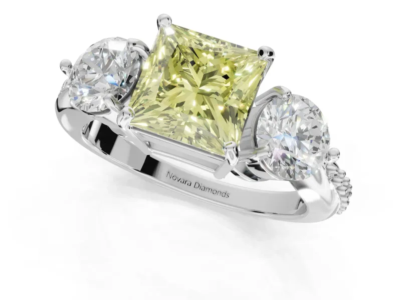 Princess Cut Three Stone Engagement Ring Setting for a Fancy Yellow Lab-Grown Diamond | Tapered Pave Band | Platinum