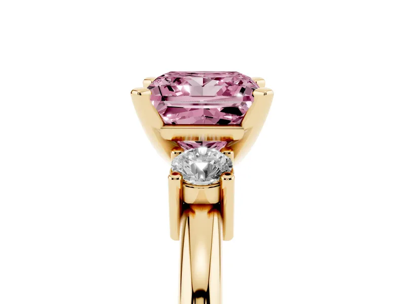 Princess Cut Three Stone Engagement Ring Setting for a Fancy Pink Lab-Grown Diamond | Round Side Stones | Yellow Gold