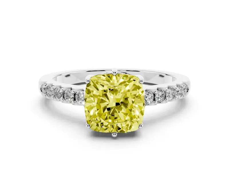 Fancy Yellow Cushion Cut Diamond Solitaire Engagement Ring Set in White gold with Pavé Band and Prong Setting