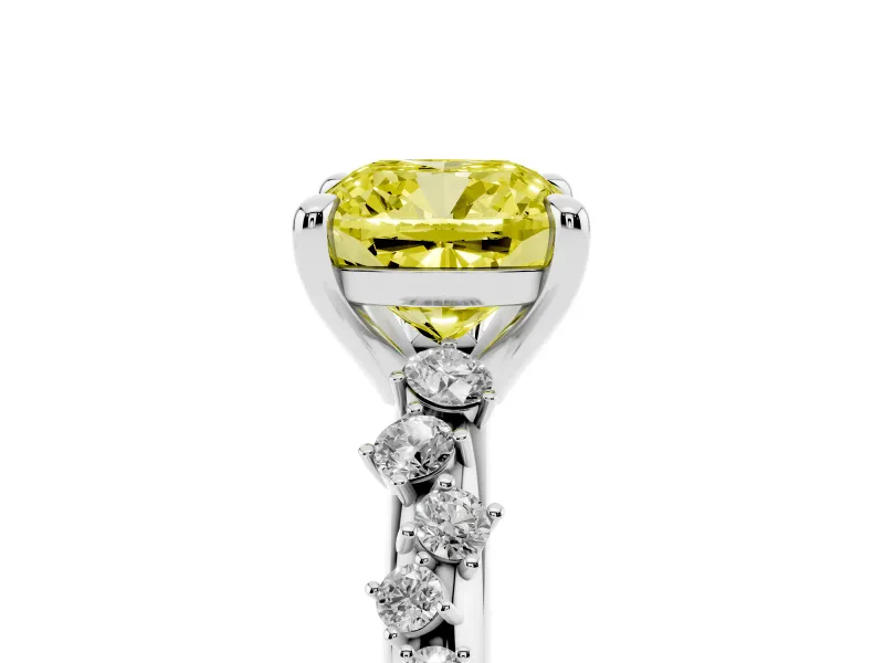 Fancy Yellow Cushion Cut Diamond Solitaire Vine Band Ring Set in Platinum with Round Accents and Prong Setting