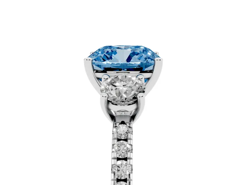 Cushion Cut Three Stone Engagement Ring Setting for a Fancy Blue Lab-Grown Diamond | Pave Shoulders | Platinum