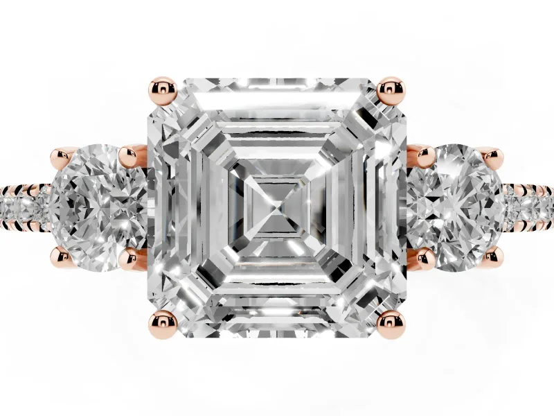 Asscher Cut Three Stone Engagement Ring Setting | Pave Shoulders | Rose Gold