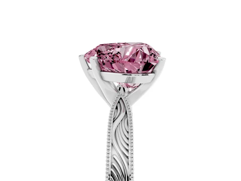 Fancy Pink Heart Cut Diamond Solitaire Milgrain Engraved Band Set in Silver with Prong Setting