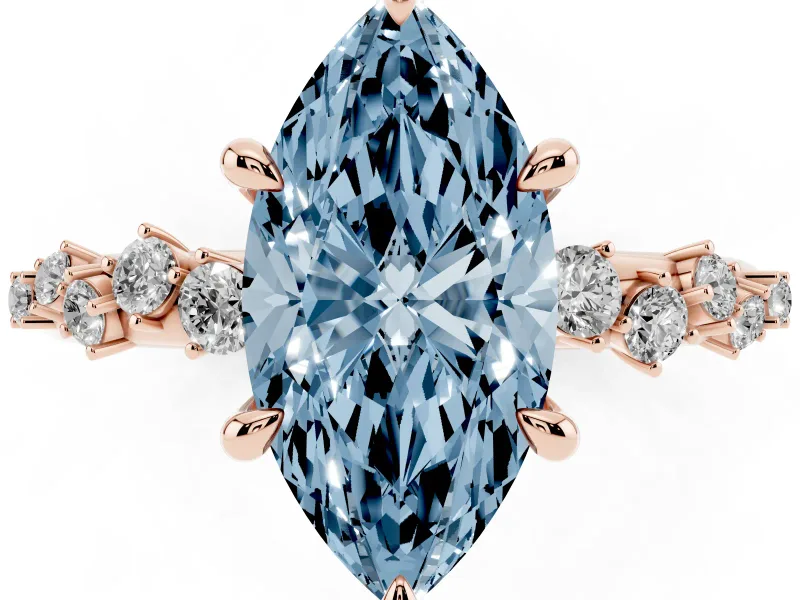 Fancy Blue Marquise Cut Diamond Solitaire Vine Band Ring Set in Rose gold with Round Accents and Prong Setting