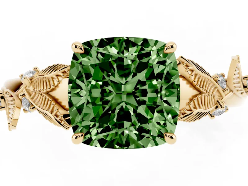 Cushion Cut Leaf Solitaire Engagement Ring Setting for a Fancy Green Lab-Grown Diamond | Yellow Gold