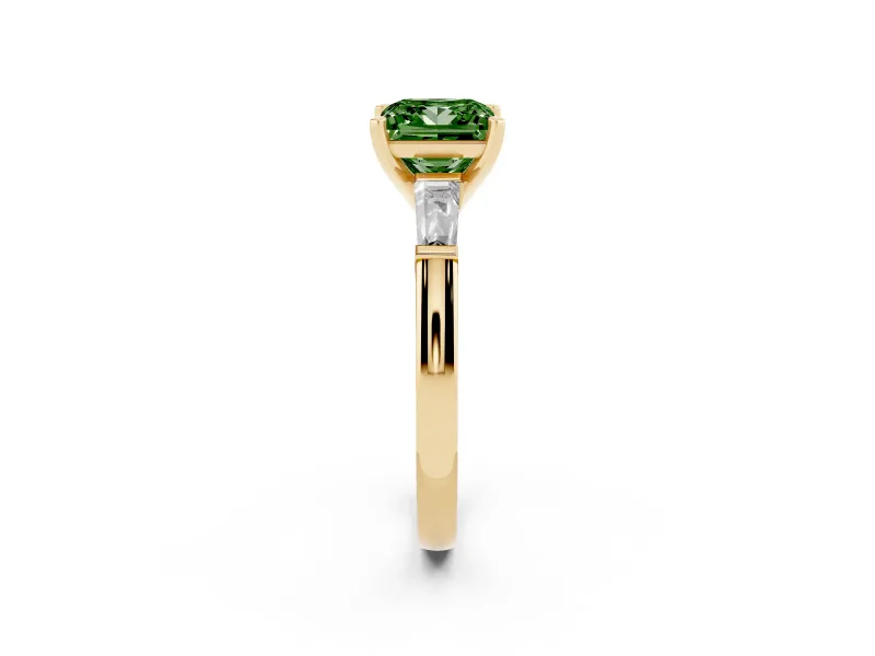 Fancy Green Princess Cut Diamond Solitaire Ring Set in Yellow gold with Tapered Baguette Side Stones and Prong Setting