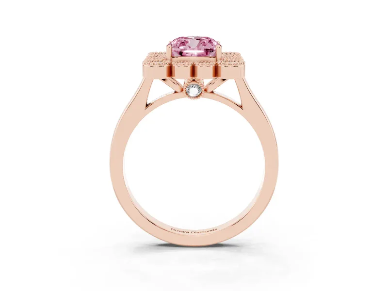 Cushion Cut Milgrain Cluster Halo Engagement Ring Setting for a Fancy Pink Lab-Grown Diamond | Plain Band | Rose Gold