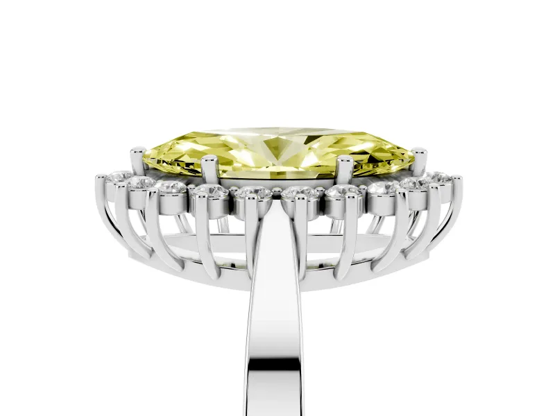 Fancy Yellow Marquise Cut Diamond Halo Ring Set in Silver with Round Halo and Smooth Solitaire Band