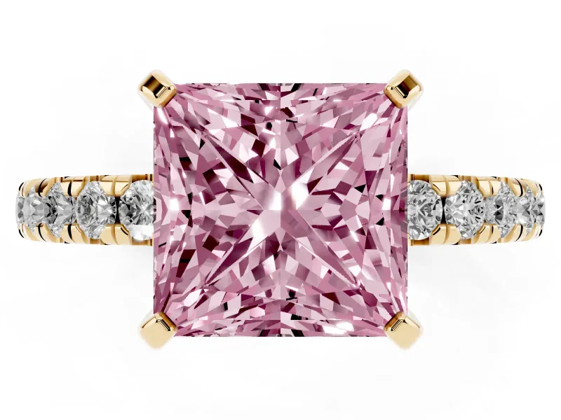 Princess Cut Pavé Solitaire Engagement Ring Setting for a Fancy Pink Lab-Grown Diamond | Shared Prong Band | Yellow Gold