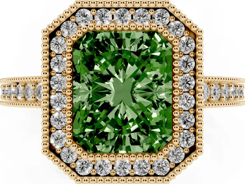 Fancy Green Radiant Cut Diamond Halo Engagement Ring Set in Yellow gold with Pavé Band and Round Halo Stones