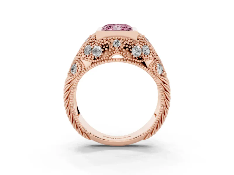 Fancy Pink Princess Cut Diamond Bezel Ring Set in Rose gold with Milgrain Accent Band