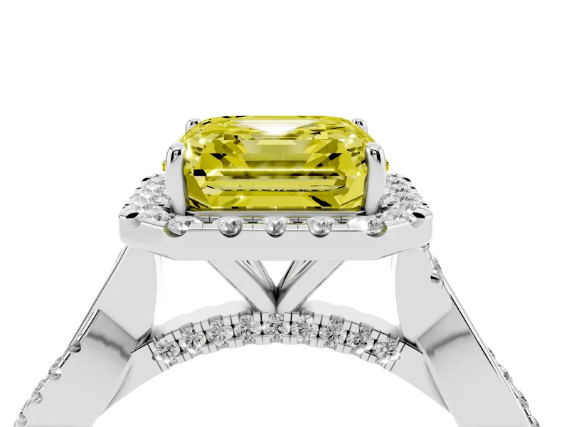 Asscher Cut Halo Engagement Ring Setting for a Fancy Yellow Lab-Grown Diamond | Pavé Twist Band | Sterling Silver