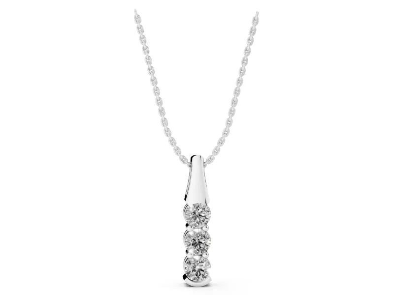 Round Lab-Grown Diamond Three-Stone Vertical Pendant Necklace | Tapered Bail | White Gold