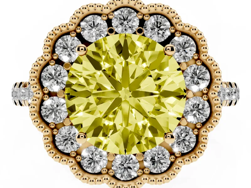 Fancy Yellow Round Cut Diamond Milgrain Floral Halo Engagement Ring Set in Yellow gold with Pavé Band