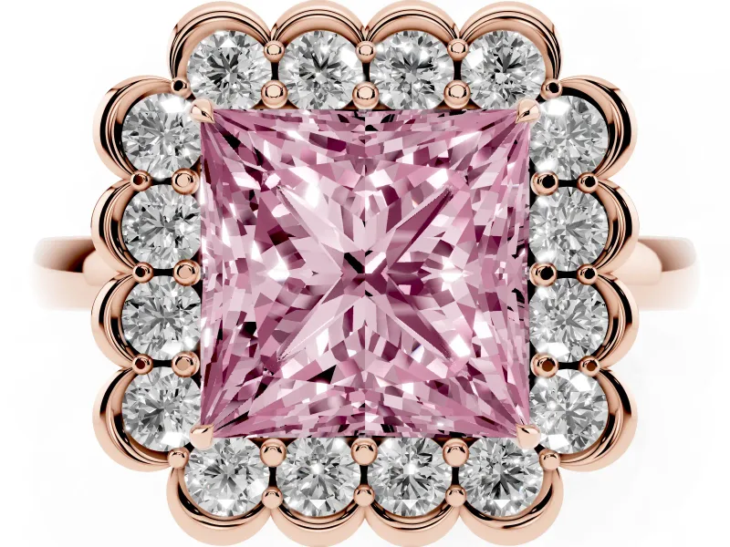 Princess Cut Scalloped Cluster Halo Engagement Ring Setting for a Fancy Pink Lab-Grown Diamond | Plain Band | Rose Gold