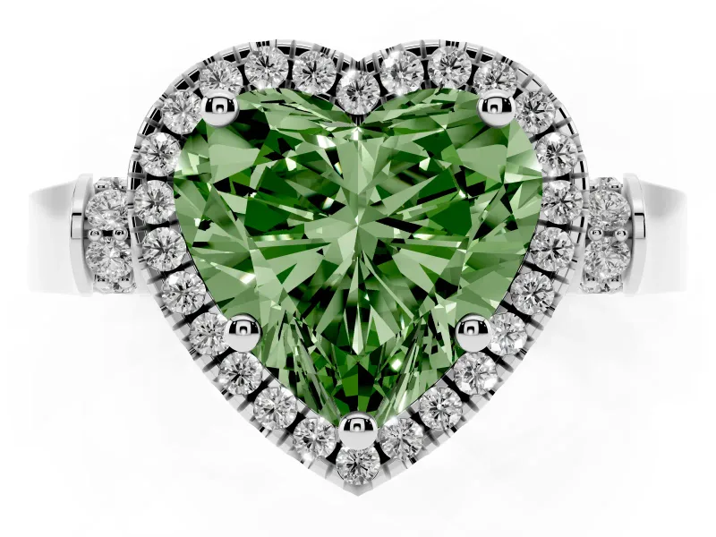 Heart-Shaped Halo Engagement Ring Setting for a Fancy Green Lab-Grown Diamond | Pointed Pave Shoulders | Platinum