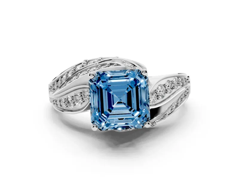 Fancy Blue Asscher Cut Diamond Solitaire Ring Set in Platinum with Layered Twist Pavé Band