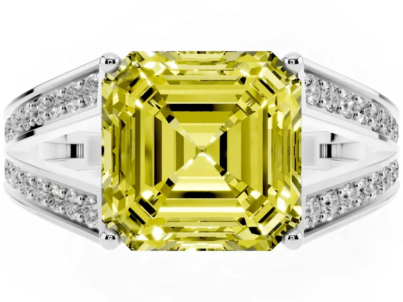 Fancy Yellow Asscher Cut Diamond Split Shank Ring Set in Silver with Pavé Band and Prong Setting