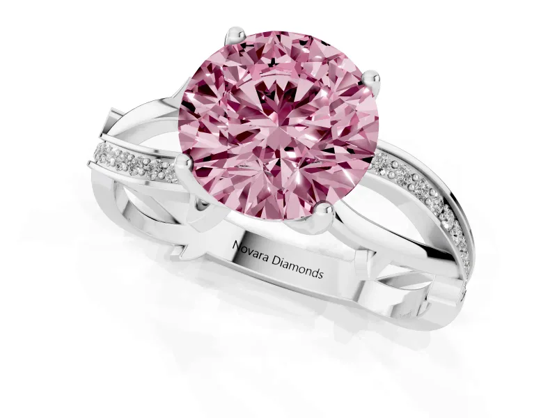 Fancy Pink Round Cut Diamond Pavé Twist Band Solitaire Ring Set in Platinum with Prong Setting