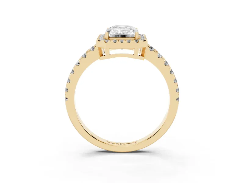 Emerald Cut Diamond Halo Ring Set in Yellow gold with Delicate Pavé Band and Prong Setting